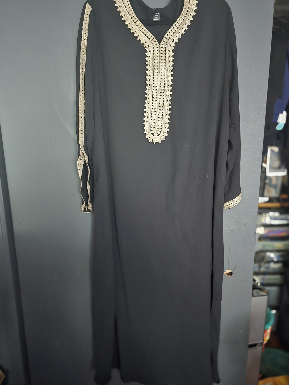 SHEIN Black Maxi Kaftan with Cream Embroidered Trim